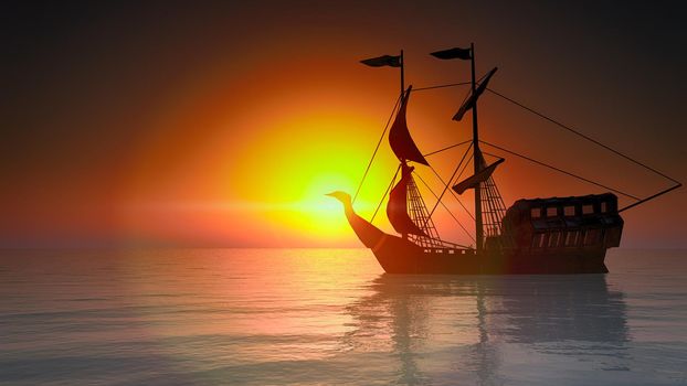 old ship in sea sunset, 3d render illustration