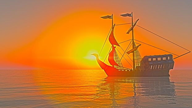 old ship in sea sunset, 3d render illustration