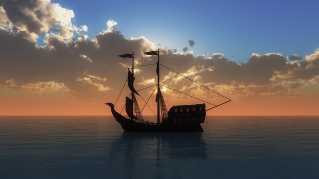 old ship in sea sunset, 3d render illustration