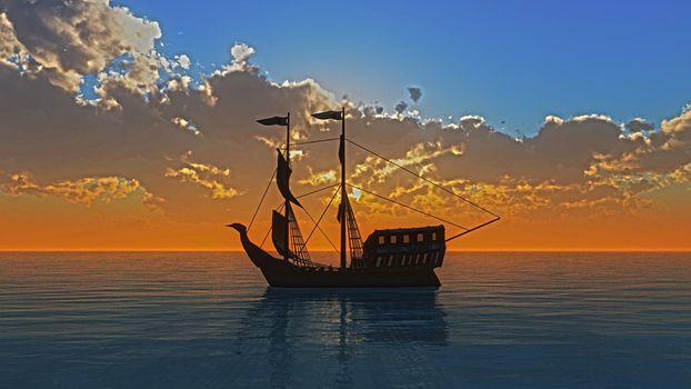 old ship in sea sunset, 3d render illustration