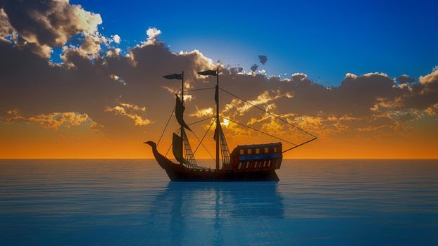 old ship in sea sunset, 3d render illustration