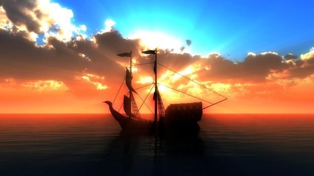 old ship in sea sunset, 3d render illustration