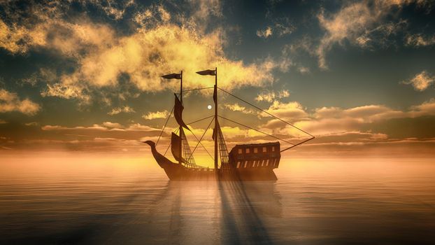 old ship in sea sunset, 3d render illustration