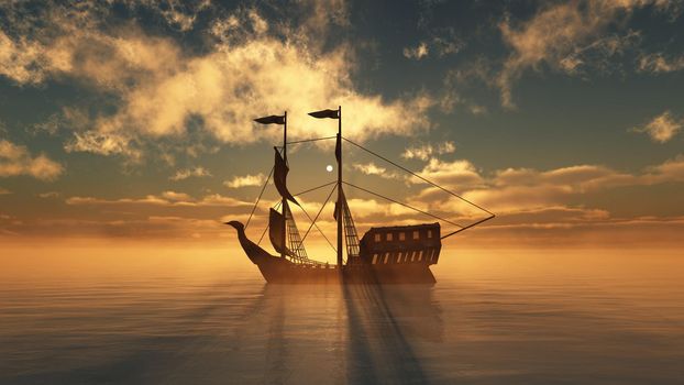 old ship in sea sunset, 3d render illustration