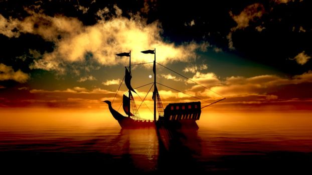 old ship in sea sunset, 3d render illustration