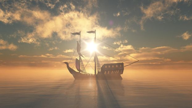 old ship in sea sunset, 3d render illustration