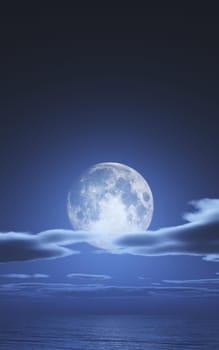 full moon in night ocean, 3d render illustration