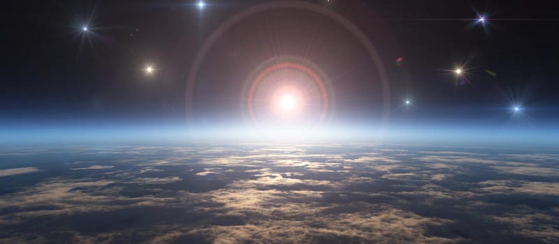 sunrise from space, stars and sun, 3d render illustration