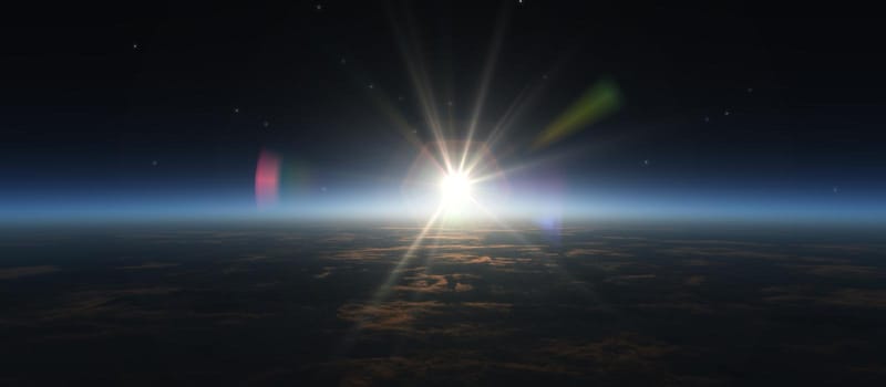 sunrise from space, stars and sun, 3d render illustration