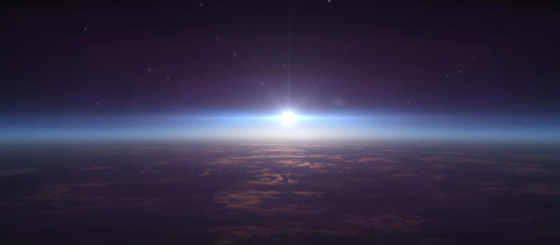 sunrise from space, stars and sun, 3d render illustration