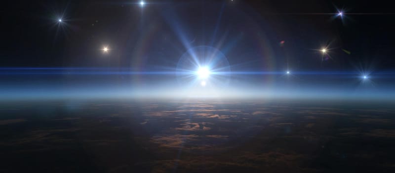 sunrise from space, stars and sun, 3d render illustration