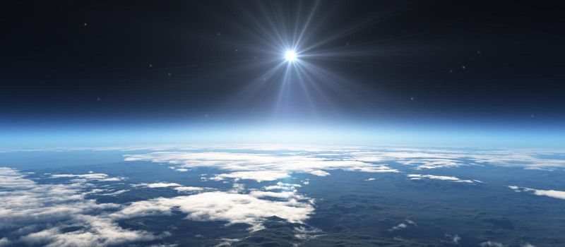 sunrise from space, stars and sun, 3d render illustration