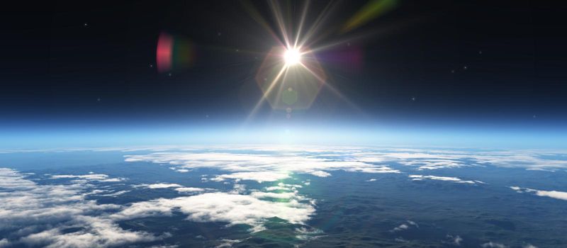 sunrise from space, stars and sun, 3d render illustration