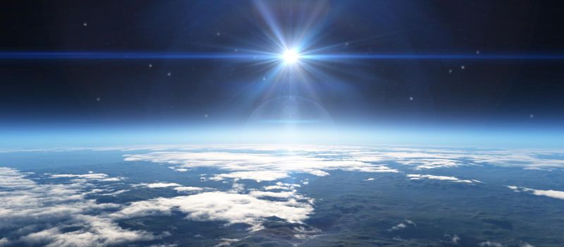 sunrise from space, stars and sun, 3d render illustration