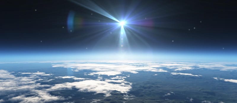 sunrise from space, stars and sun, 3d render illustration