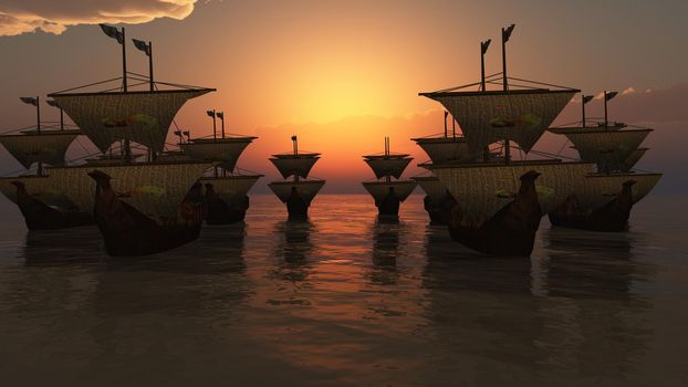 old ships sunset over sea, 3d render illustration