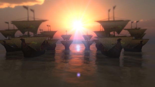 old ships sunset over sea, 3d render illustration