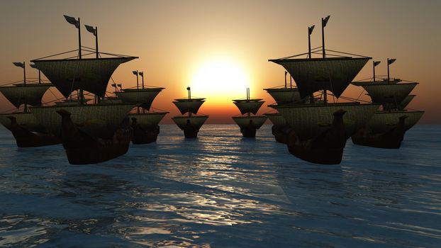 old ships sunset over sea, 3d render illustration