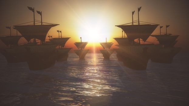 old ships sunset over sea, 3d render illustration