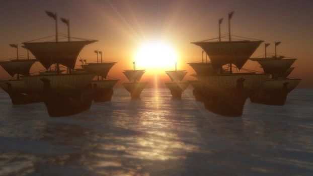 old ships sunset over sea, 3d render illustration