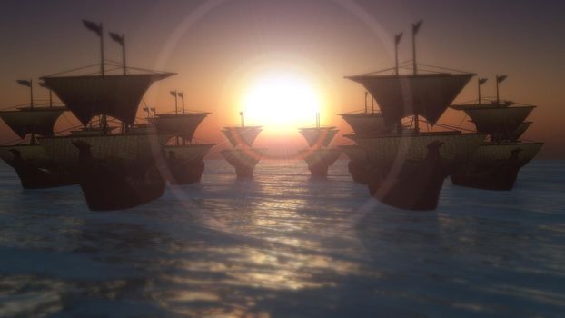 old ships sunset over sea, 3d render illustration