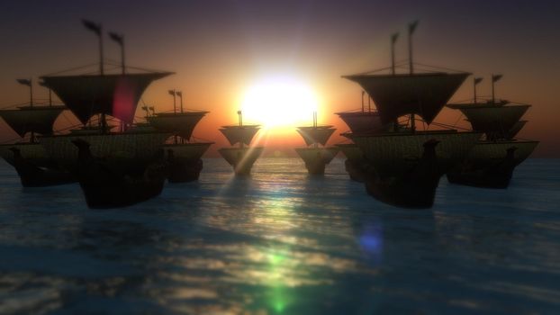 old ships sunset over sea, 3d render illustration