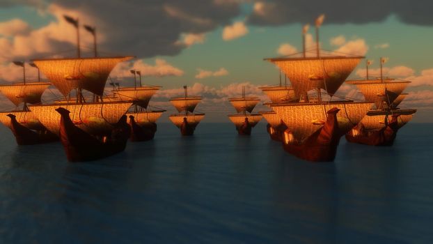 old ships sunset over sea, 3d render illustration