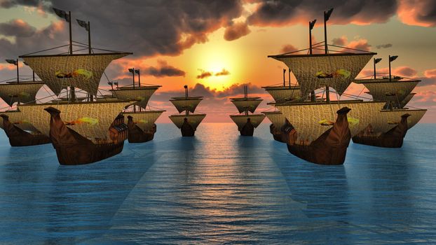 old ships sunset over sea, 3d render illustration