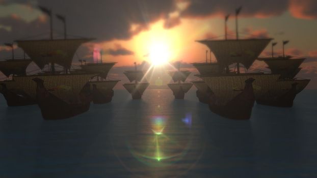 old ships sunset over sea, 3d render illustration