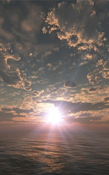 beautifully sunset over ocean, 3d render illustration