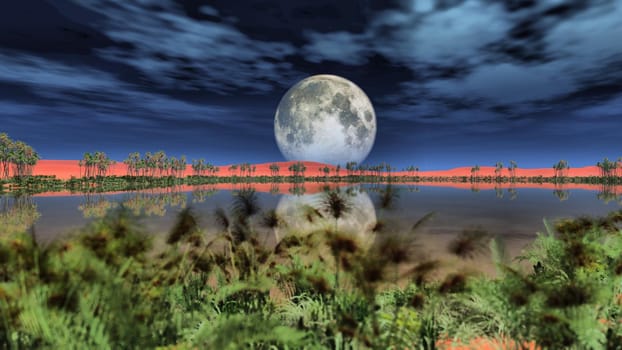 full moon over oasis, 3d render illustration