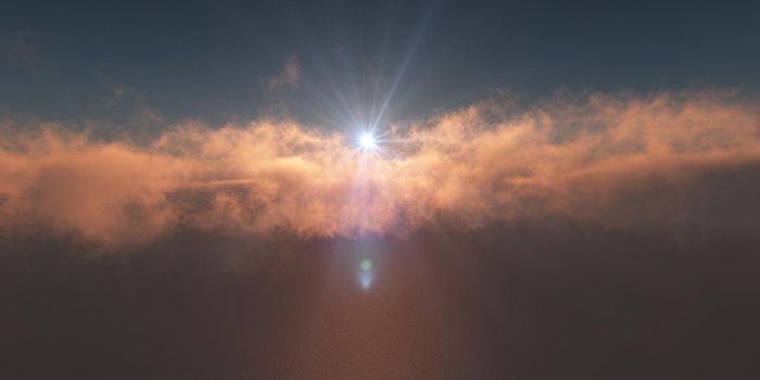ocean sunset above clouds, 3d render illustration
