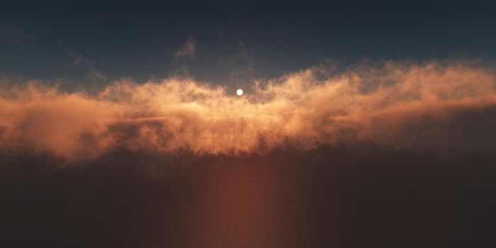 ocean sunset above clouds, 3d render illustration