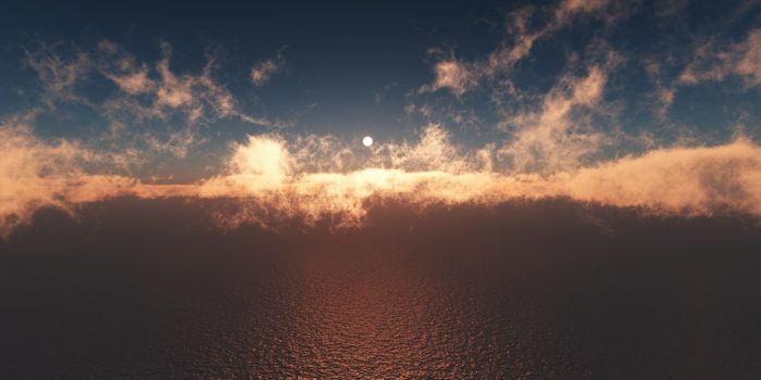 ocean sunset above clouds, 3d render illustration