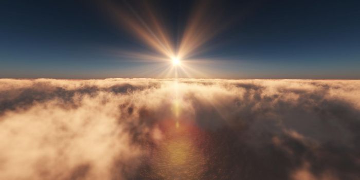 ocean sunset above clouds, 3d render illustration