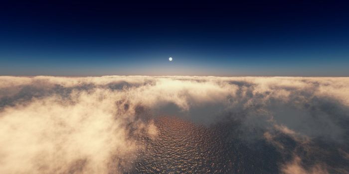 ocean sunset above clouds, 3d render illustration