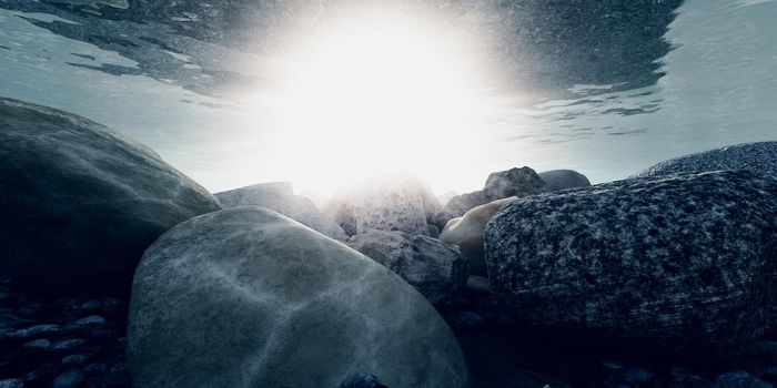 rock underwater macro sun ray, 3d illustration render