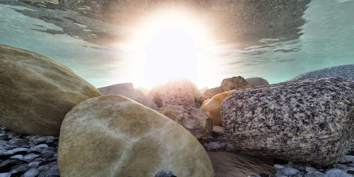 rock underwater macro sun ray, 3d illustration render