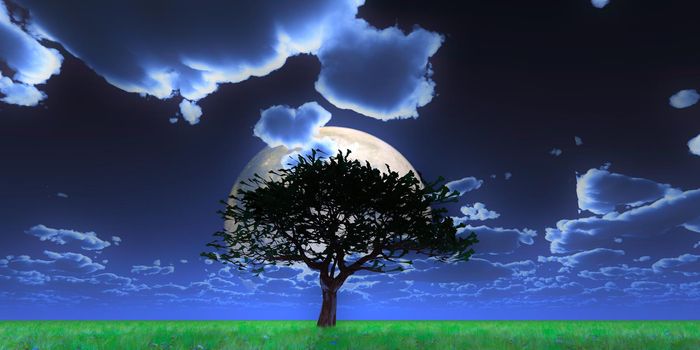 tree night full moon, 3d render illustration