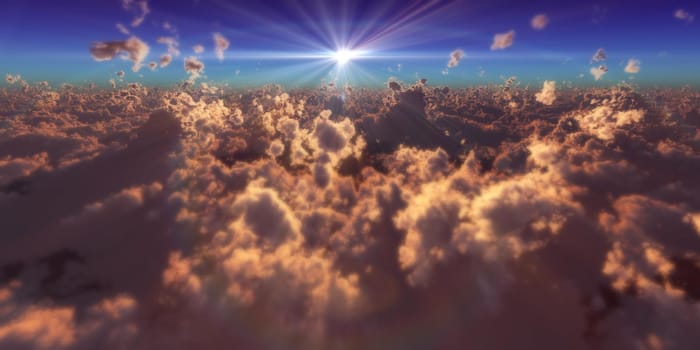 fly in above clouds sun ray, 3d render illustration