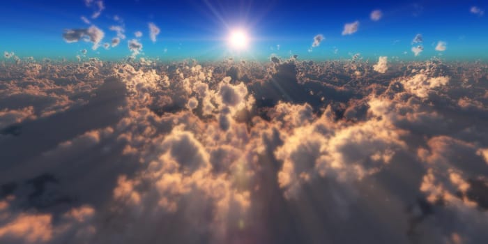 fly in above clouds sun ray, 3d render illustration