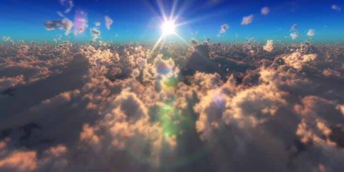 fly in above clouds sun ray, 3d render illustration