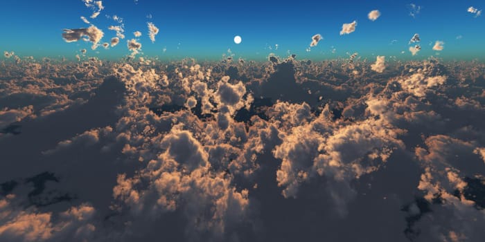 fly in above clouds sun ray, 3d render illustration