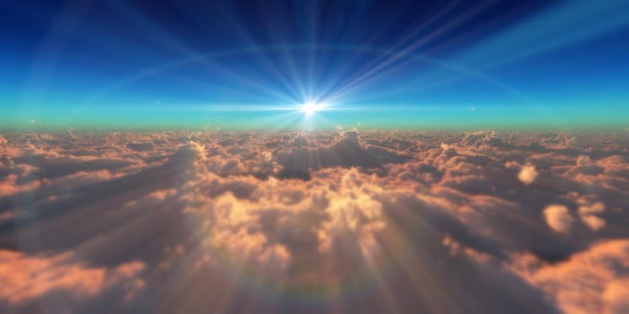 fly in above clouds sun ray, 3d render illustration