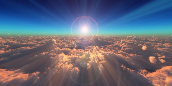 fly in above clouds sun ray, 3d render illustration