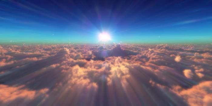 fly in above clouds sun ray, 3d render illustration