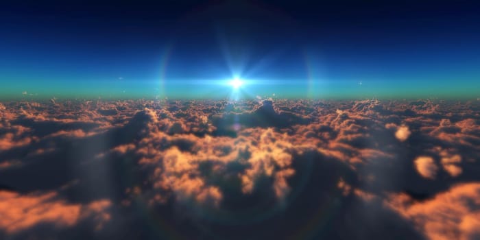 fly in above clouds sun ray, 3d render illustration