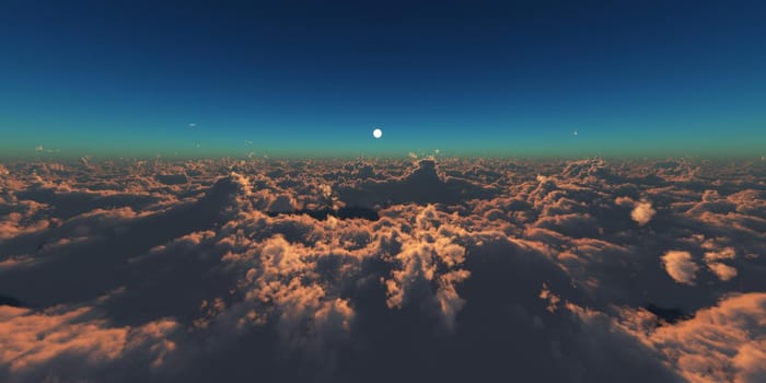 fly in above clouds sun ray, 3d render illustration