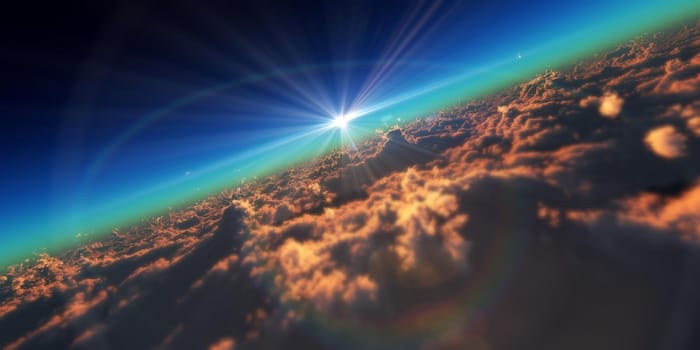 fly in above clouds sun ray, 3d render illustration