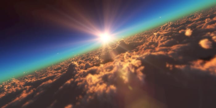 fly in above clouds sun ray, 3d render illustration